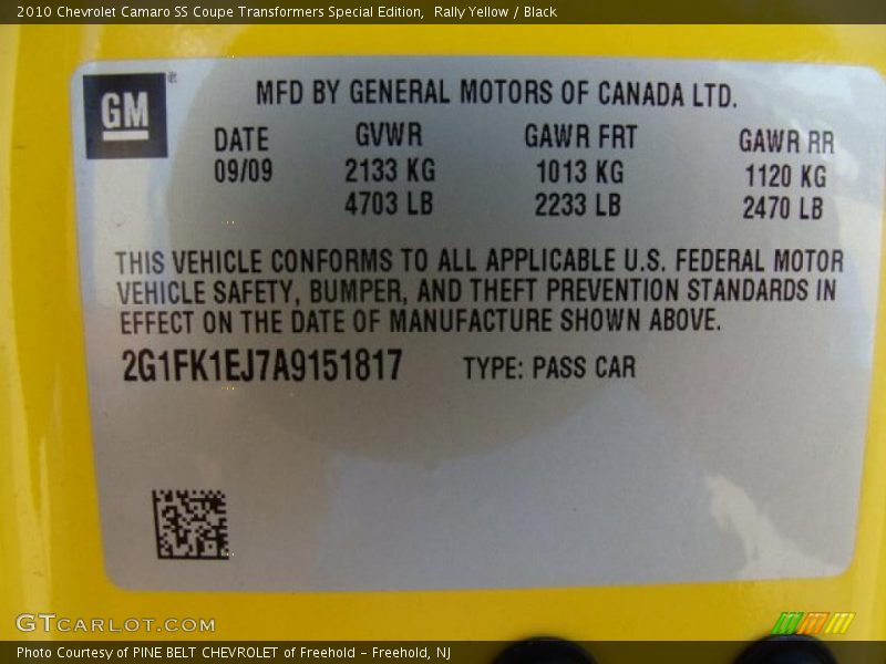 Rally Yellow / Black 2010 Chevrolet Camaro SS Coupe Transformers Special Edition