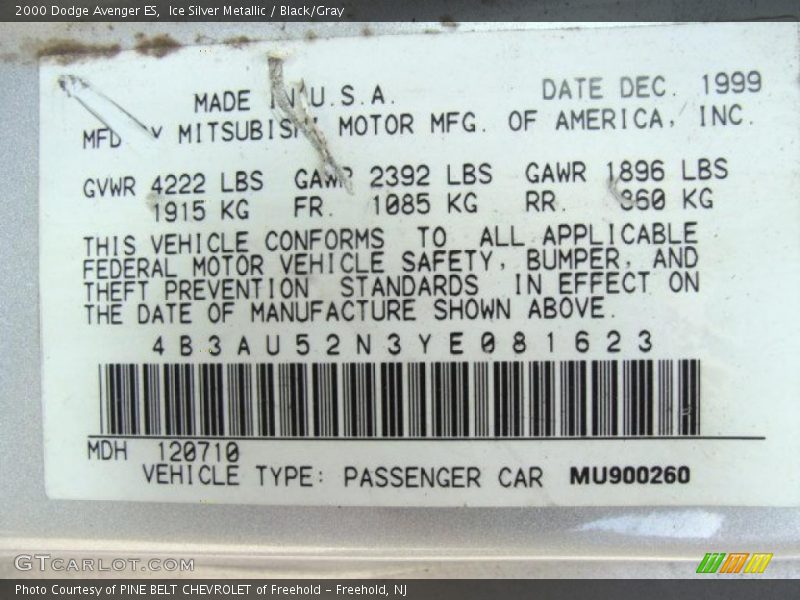 Ice Silver Metallic / Black/Gray 2000 Dodge Avenger ES