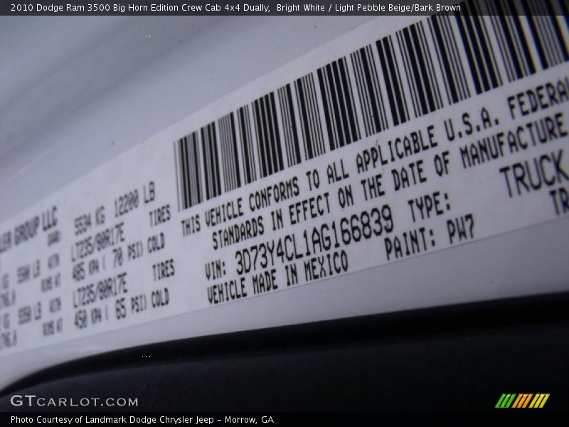 Bright White / Light Pebble Beige/Bark Brown 2010 Dodge Ram 3500 Big Horn Edition Crew Cab 4x4 Dually