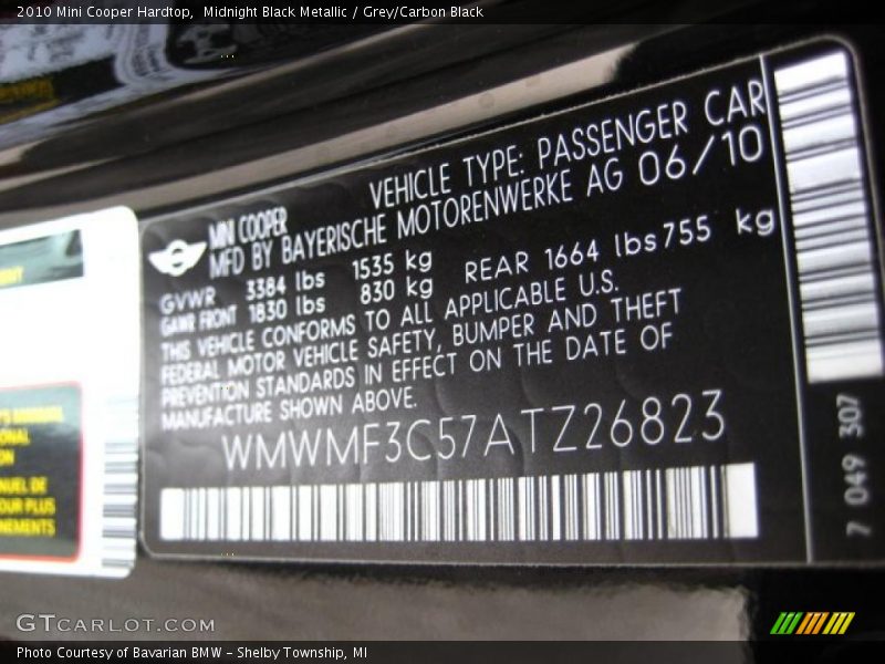 Midnight Black Metallic / Grey/Carbon Black 2010 Mini Cooper Hardtop