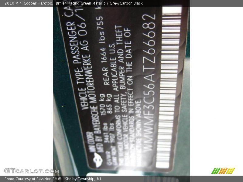 British Racing Green Metallic / Grey/Carbon Black 2010 Mini Cooper Hardtop