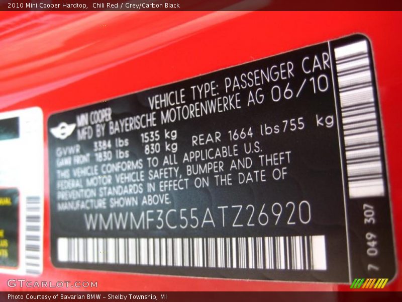 Chili Red / Grey/Carbon Black 2010 Mini Cooper Hardtop