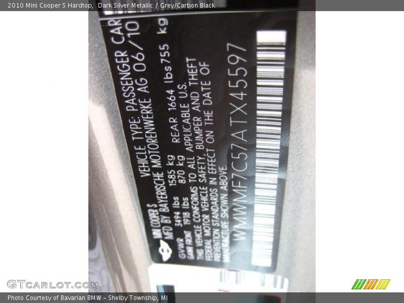 Dark Silver Metallic / Grey/Carbon Black 2010 Mini Cooper S Hardtop