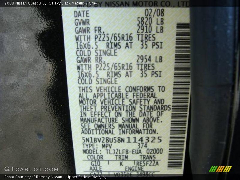 Galaxy Black Metallic / Gray 2008 Nissan Quest 3.5