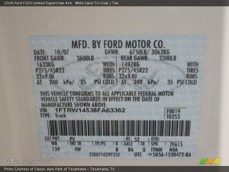 White Sand Tri-Coat / Tan 2008 Ford F150 Limited SuperCrew 4x4