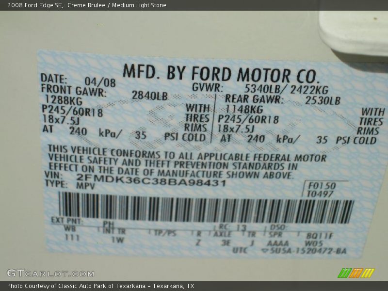 Creme Brulee / Medium Light Stone 2008 Ford Edge SE