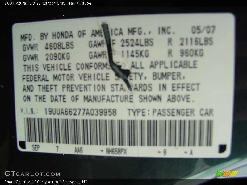 Carbon Gray Pearl / Taupe 2007 Acura TL 3.2