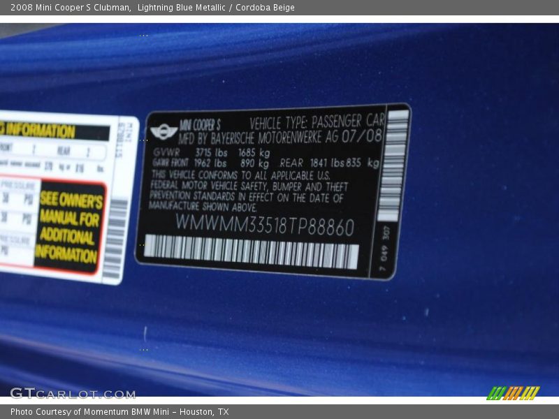Lightning Blue Metallic / Cordoba Beige 2008 Mini Cooper S Clubman