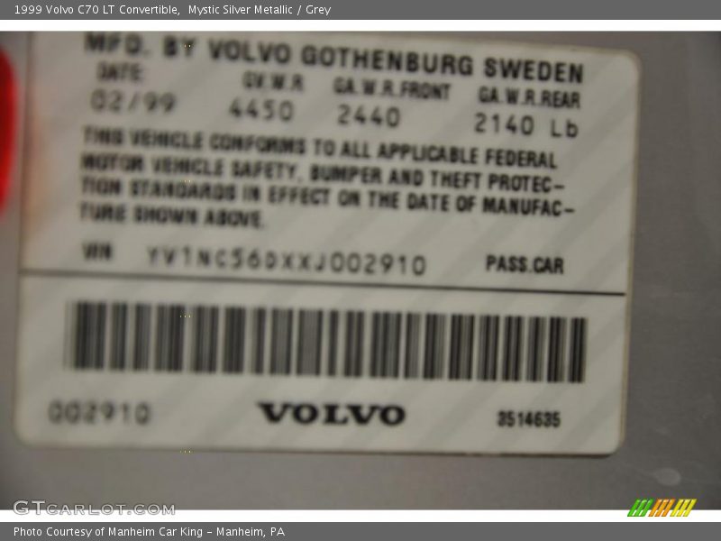 Mystic Silver Metallic / Grey 1999 Volvo C70 LT Convertible