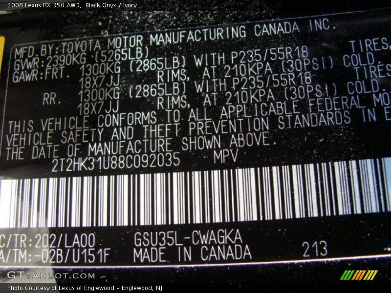 Black Onyx / Ivory 2008 Lexus RX 350 AWD