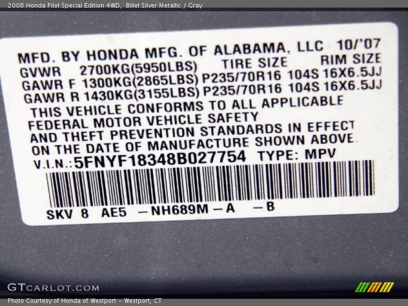 Billet Silver Metallic / Gray 2008 Honda Pilot Special Edition 4WD