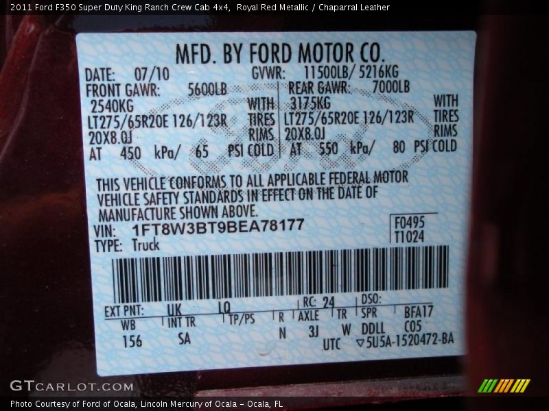 2011 F350 Super Duty King Ranch Crew Cab 4x4 Royal Red Metallic Color Code UK