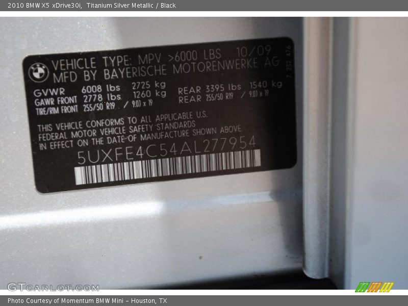 Titanium Silver Metallic / Black 2010 BMW X5 xDrive30i