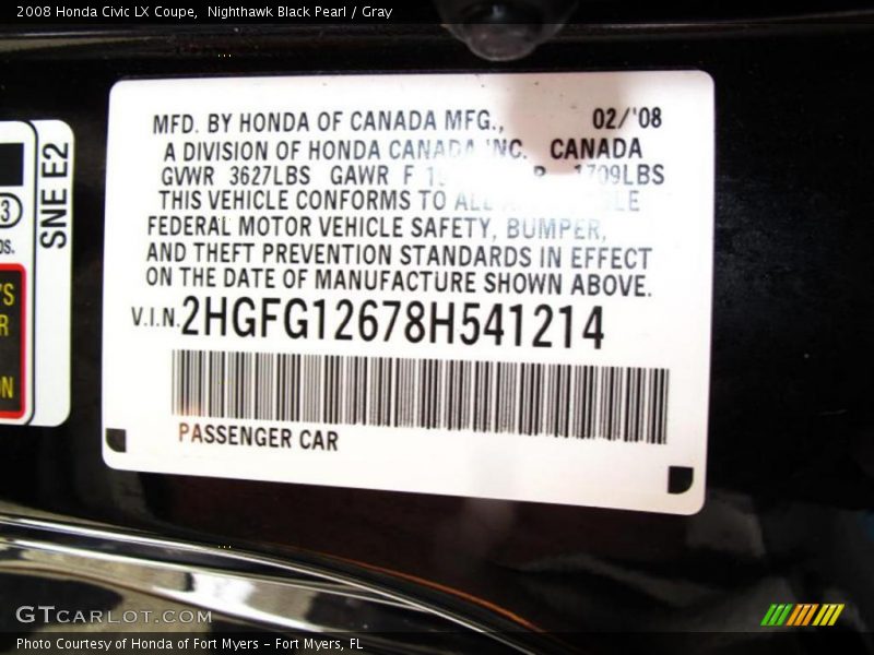 Nighthawk Black Pearl / Gray 2008 Honda Civic LX Coupe
