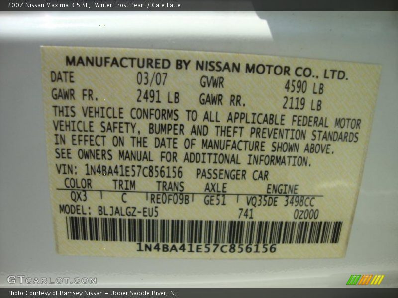 Winter Frost Pearl / Cafe Latte 2007 Nissan Maxima 3.5 SL