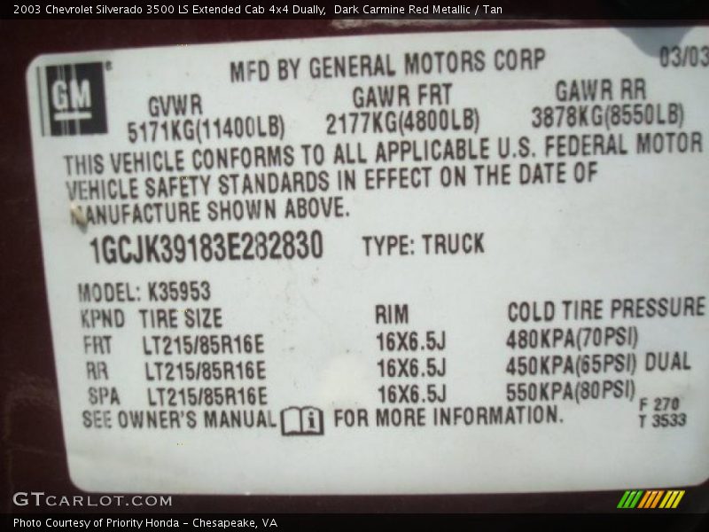 Dark Carmine Red Metallic / Tan 2003 Chevrolet Silverado 3500 LS Extended Cab 4x4 Dually