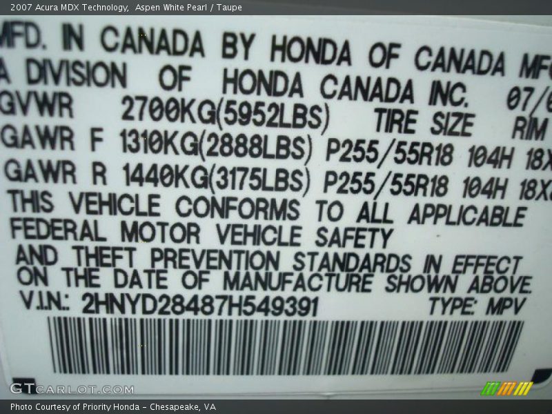 Aspen White Pearl / Taupe 2007 Acura MDX Technology