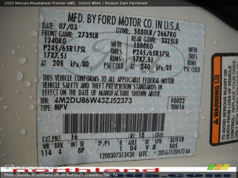 Oxford White / Medium Dark Parchment 2003 Mercury Mountaineer Premier AWD