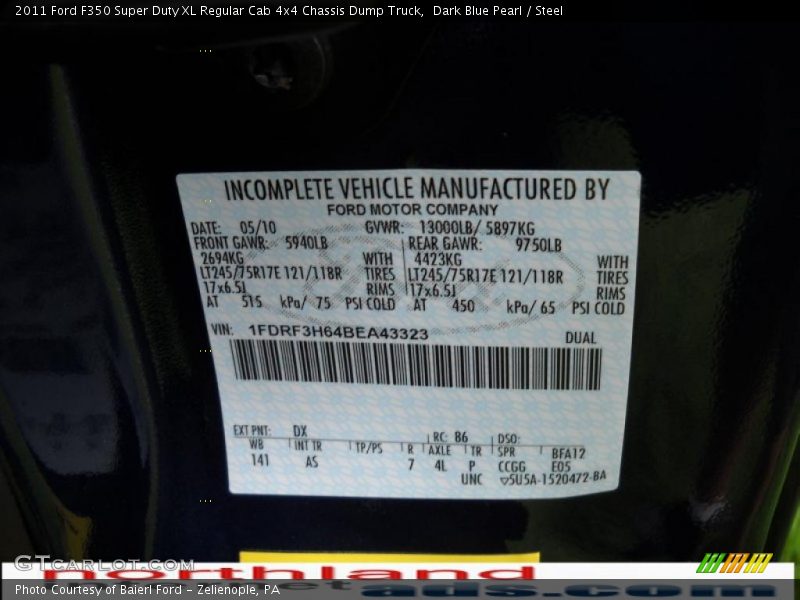 Dark Blue Pearl / Steel 2011 Ford F350 Super Duty XL Regular Cab 4x4 Chassis Dump Truck