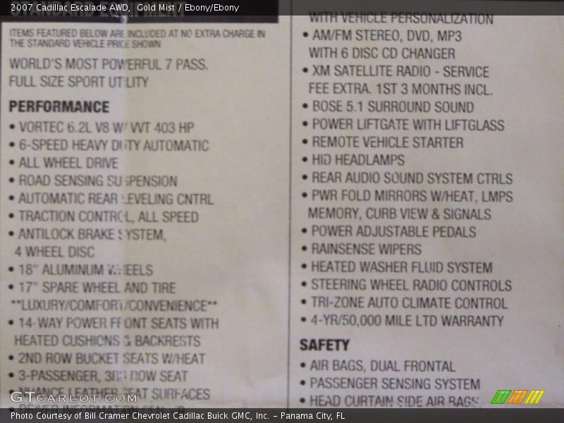 Gold Mist / Ebony/Ebony 2007 Cadillac Escalade AWD