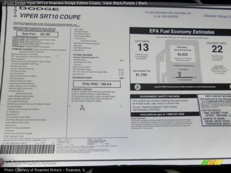 Viper Black/Purple / Black 2010 Dodge Viper SRT10 Roanoke Dodge Edition Coupe