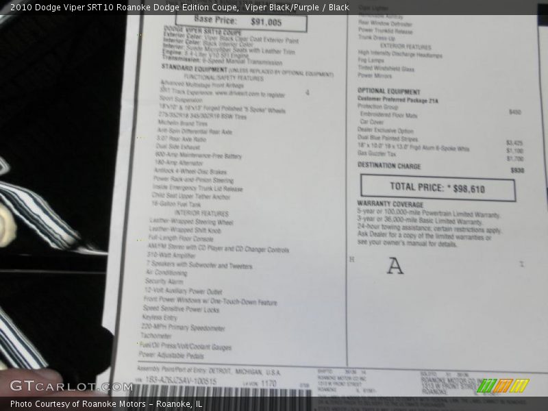 Viper Black/Purple / Black 2010 Dodge Viper SRT10 Roanoke Dodge Edition Coupe