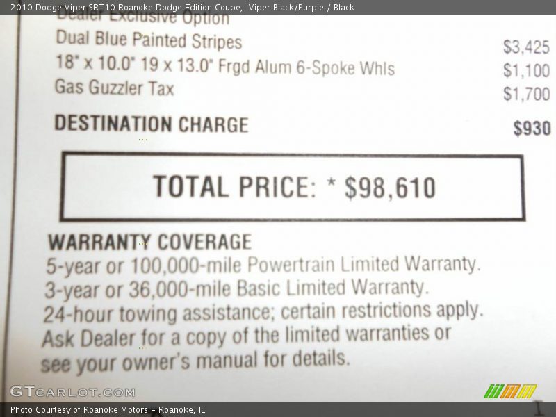 Viper Black/Purple / Black 2010 Dodge Viper SRT10 Roanoke Dodge Edition Coupe