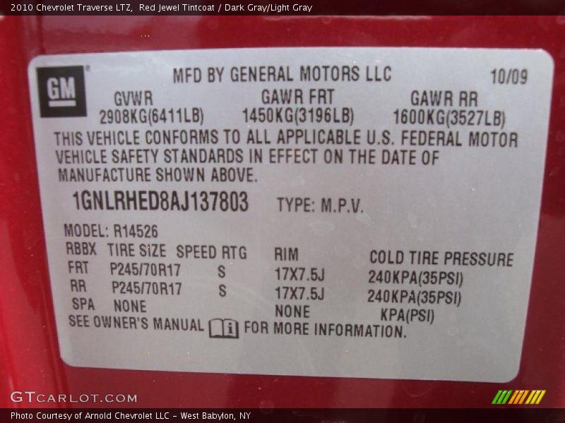Red Jewel Tintcoat / Dark Gray/Light Gray 2010 Chevrolet Traverse LTZ