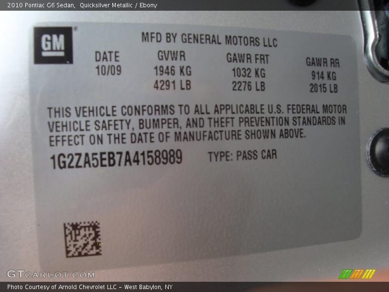 Quicksilver Metallic / Ebony 2010 Pontiac G6 Sedan
