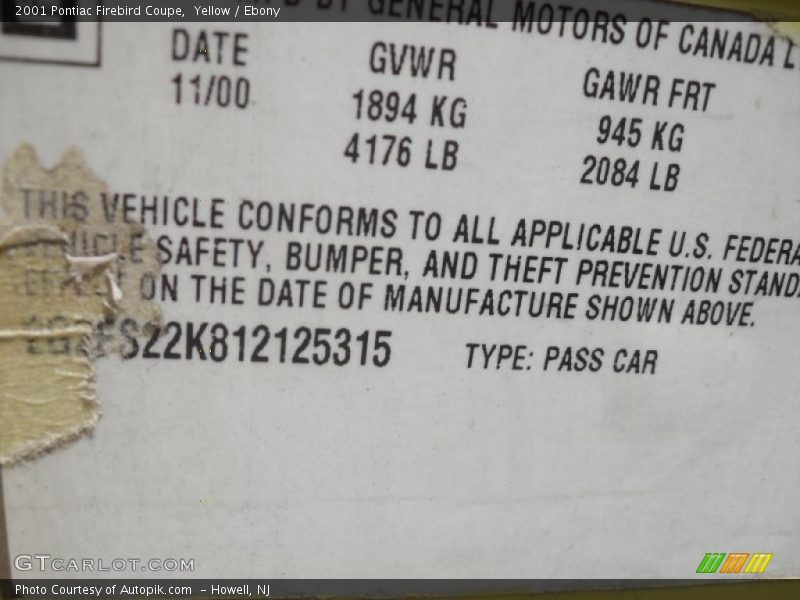 Yellow / Ebony 2001 Pontiac Firebird Coupe