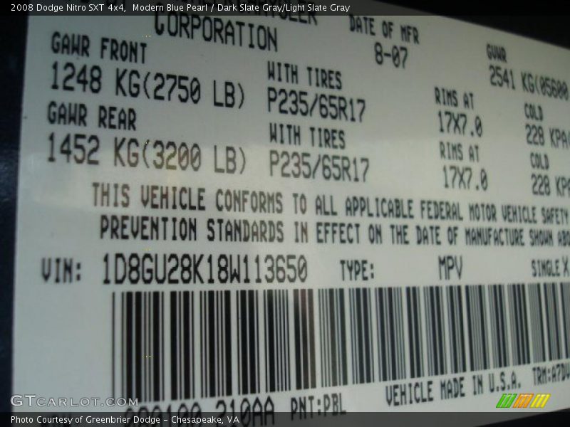 Modern Blue Pearl / Dark Slate Gray/Light Slate Gray 2008 Dodge Nitro SXT 4x4
