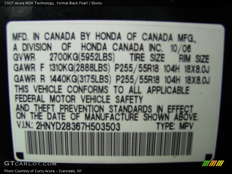 Formal Black Pearl / Ebony 2007 Acura MDX Technology