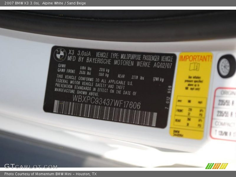 Alpine White / Sand Beige 2007 BMW X3 3.0si