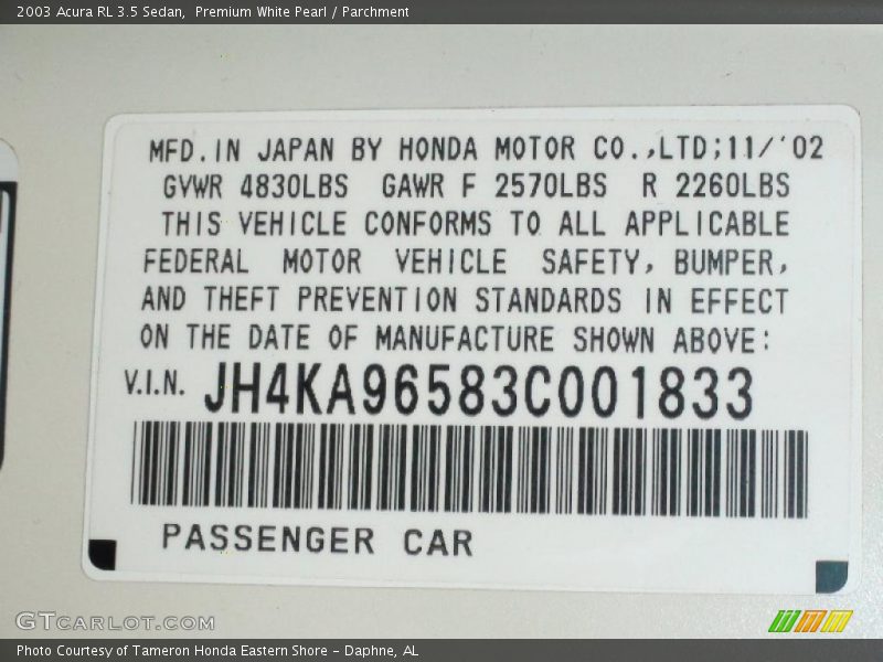Premium White Pearl / Parchment 2003 Acura RL 3.5 Sedan