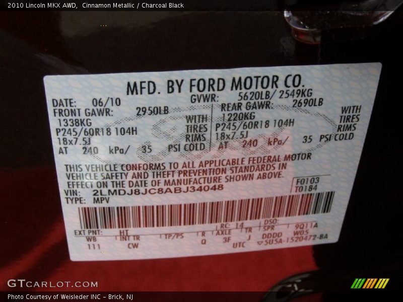 Cinnamon Metallic / Charcoal Black 2010 Lincoln MKX AWD