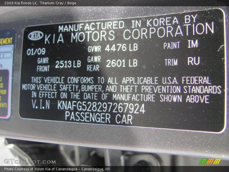 Titanium Gray / Beige 2009 Kia Rondo LX