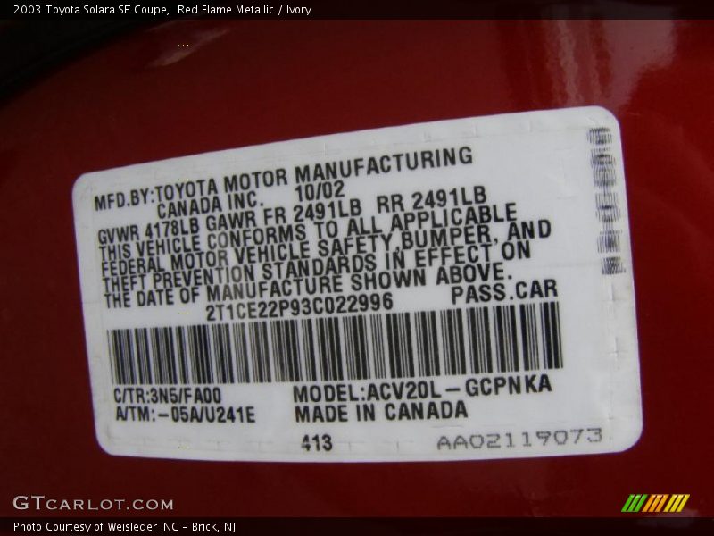 Red Flame Metallic / Ivory 2003 Toyota Solara SE Coupe