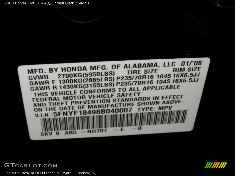 Formal Black / Saddle 2008 Honda Pilot EX 4WD