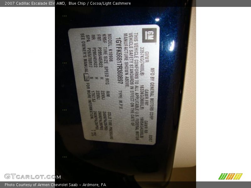 Blue Chip / Cocoa/Light Cashmere 2007 Cadillac Escalade ESV AWD