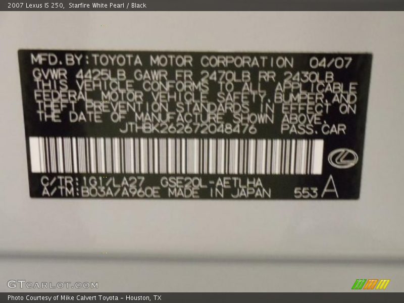 Starfire White Pearl / Black 2007 Lexus IS 250