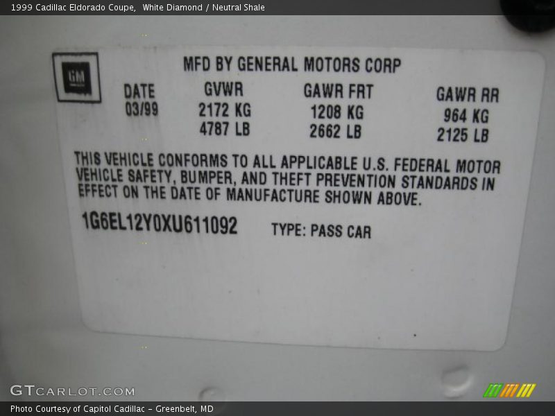 White Diamond / Neutral Shale 1999 Cadillac Eldorado Coupe