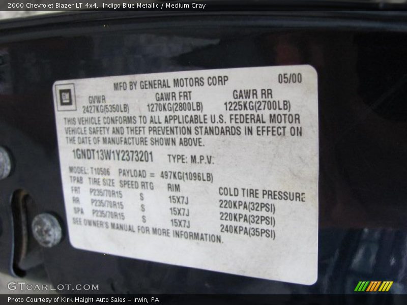 Indigo Blue Metallic / Medium Gray 2000 Chevrolet Blazer LT 4x4