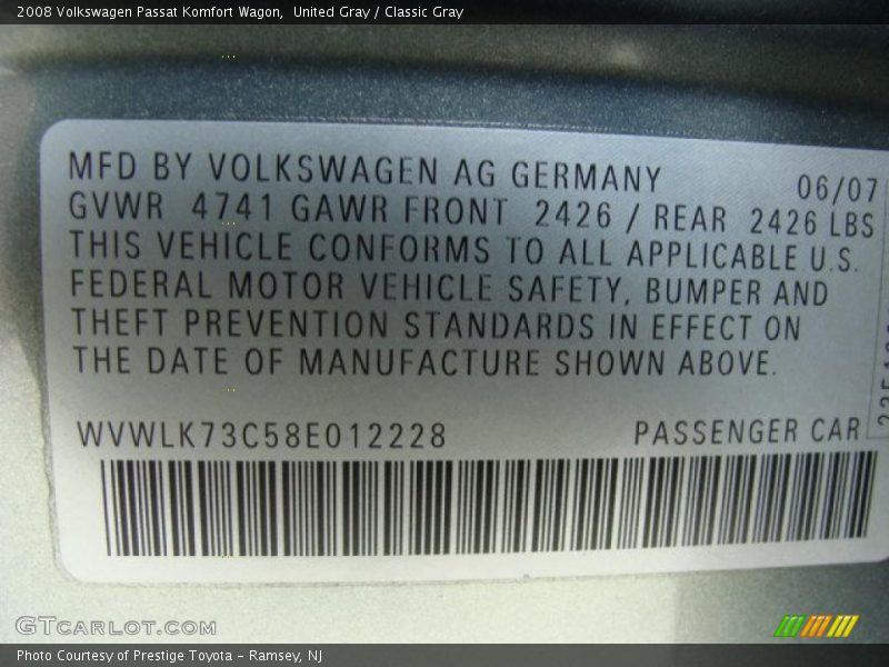 United Gray / Classic Gray 2008 Volkswagen Passat Komfort Wagon