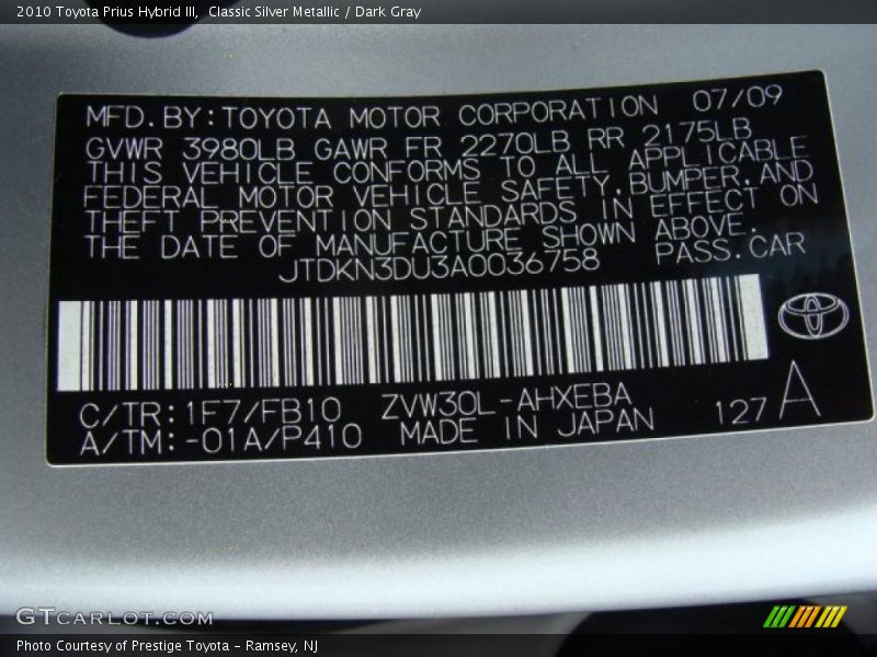 Classic Silver Metallic / Dark Gray 2010 Toyota Prius Hybrid III