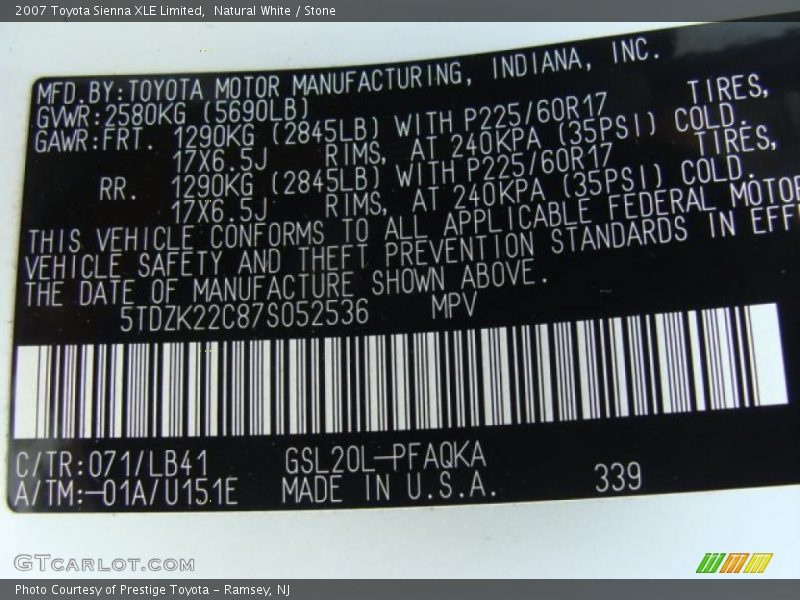 Natural White / Stone 2007 Toyota Sienna XLE Limited