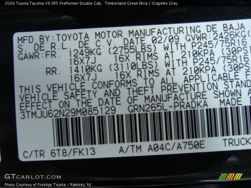 Timberland Green Mica / Graphite Gray 2009 Toyota Tacoma V6 SR5 PreRunner Double Cab