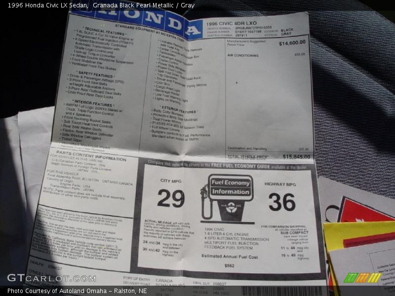 Granada Black Pearl Metallic / Gray 1996 Honda Civic LX Sedan