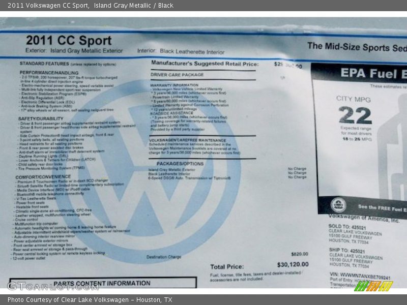 Island Gray Metallic / Black 2011 Volkswagen CC Sport