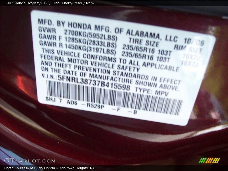 Dark Cherry Pearl / Ivory 2007 Honda Odyssey EX-L