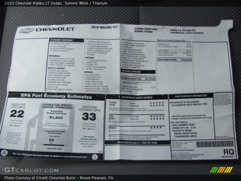 Summit White / Titanium 2010 Chevrolet Malibu LT Sedan